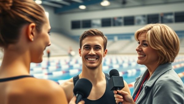Smiling athlete interviewed at Dubai Open Swimming Championships.