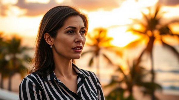 Confident woman discusses moving abroad, tropical sunset.