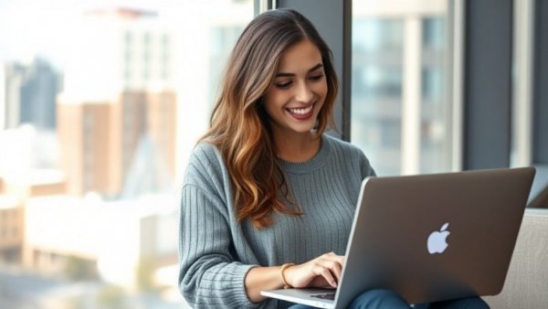 Cheerful young woman working on a laptop by a window, work and travel for expats.
