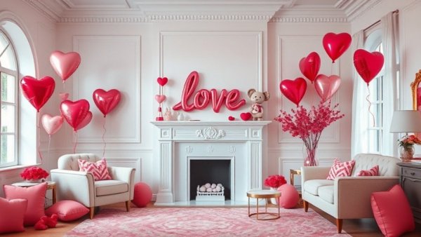 Romantic Valentine's Day living room ideas with heart balloons.