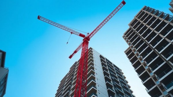 Urban apartment development scene with crane against blue sky.
