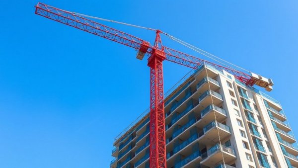 Urban apartment development regulations illustrated by a construction crane and building.