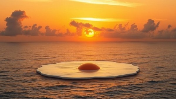 Surreal sunrise over ocean resembling a fried egg, mindful eating concept.