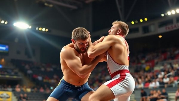 Two wrestlers in a dynamic Greco-Roman throw during competition.