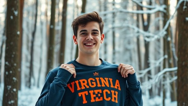Virginia Tech commitment: Young man proudly wearing Virginia Tech shirt in snowy forest