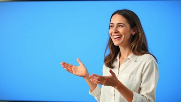 Cheerful woman discussing visa problems strategy on blue background.
