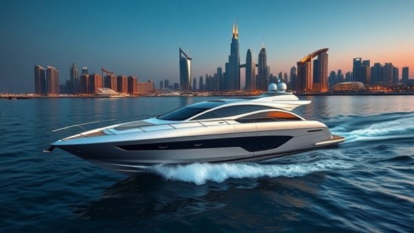 Modern yacht cruising near MIA Park Doha with skyscrapers in the background.