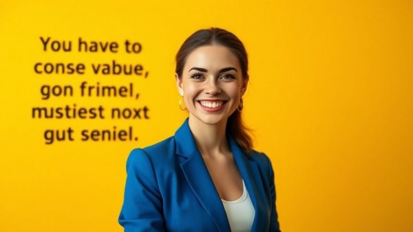 Career Growth Through Risk-taking: Smiling professional woman with text.
