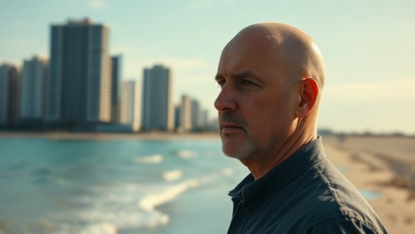 Man pondering retirement in Thailand with beach cityscape.
