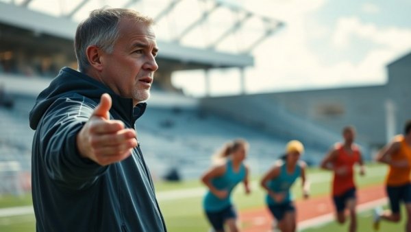 Focused sports coach directing training, capturing the intensity of decision-making.
