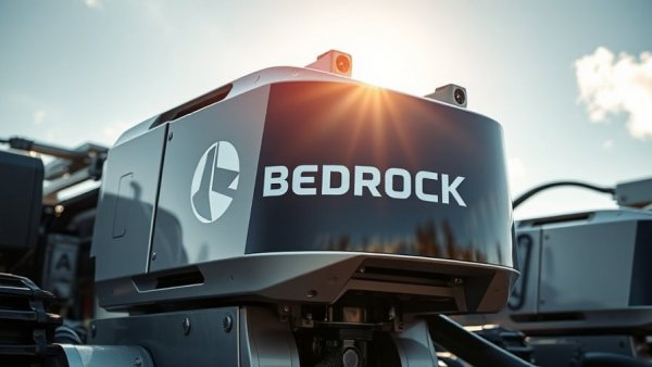 Modern industrial machinery with Bedrock Robotics logo, sky background.