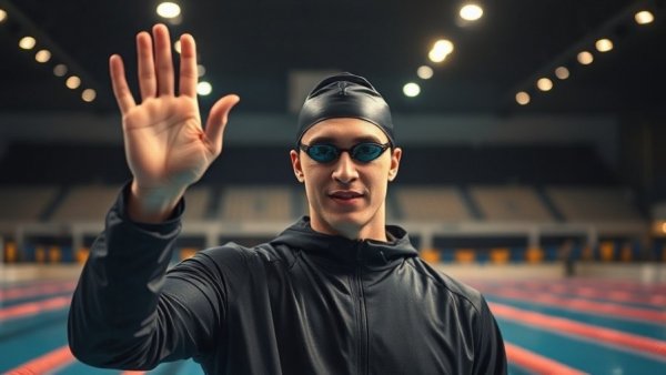 Swimmer in black jacket waving, upcoming swimming competitions.