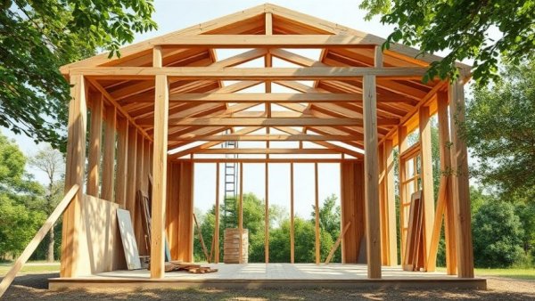 Frame of $1,000 house under construction in a rustic setting.