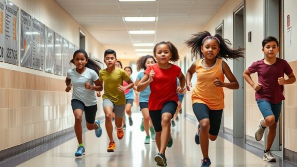 Early fitness athletes jogging in school hallway.