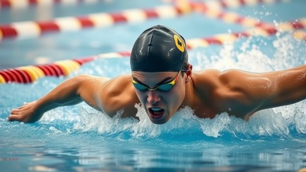 Swimmer in 200 Individual Medley race with dynamic stroke and splashes.