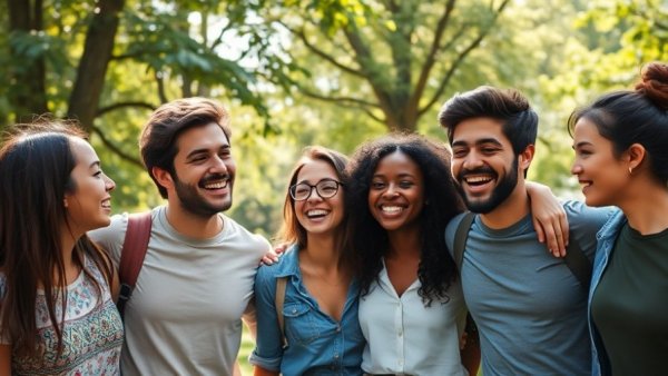 Diverse group of friends building strong community connections in a park.
