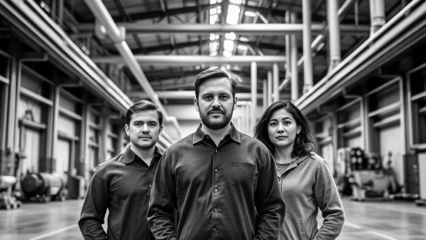 Three individuals in a warehouse showcasing fusion energy technology.