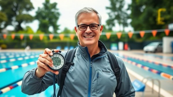 Confident swim coach by pool promoting 'Become a Certified Swim Coach™'.