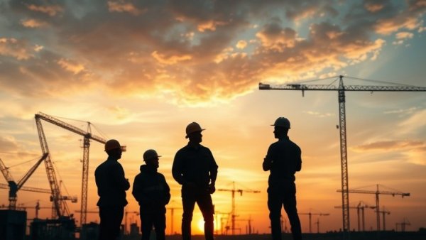 Silhouetted construction workers at sunset, Construction Worker Mental Health Trends 2024.