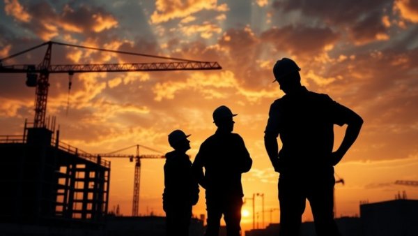 Construction workers silhouetted at sunset, symbolizing mental health challenges.