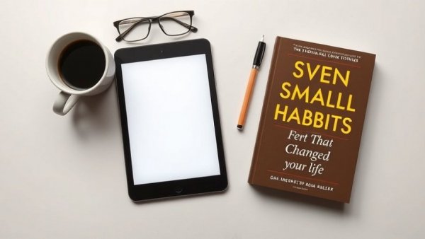 Minimalist desk setup with tablet showing book cover on easy habits.