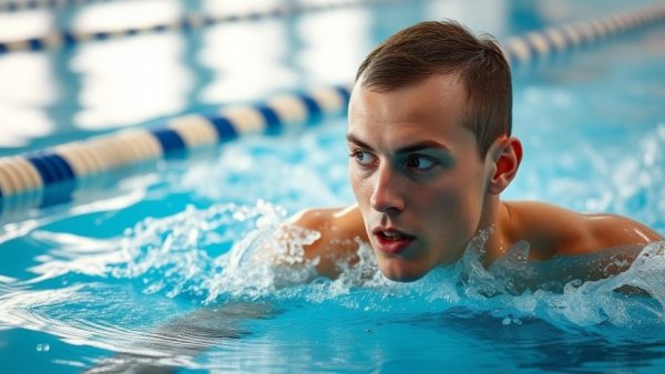Swimmer in NCAA Division II 100 Breaststroke race, intense focus, pool splashes.