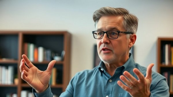 Man in virtual meeting discussing mentorship, bookshelf backdrop.