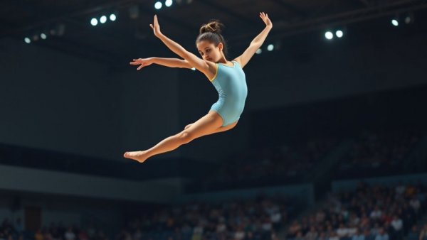 Junior gymnasts elite status showcased in graceful leap.