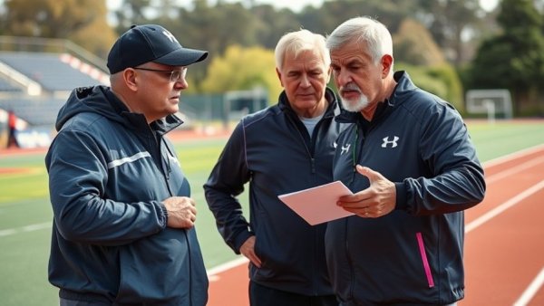 Coaches making urgent decisions on outdoor track field.