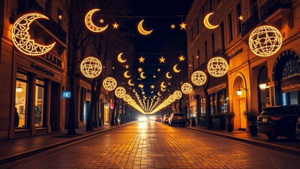 Ramadan vibes at Corniche with crescent lights and stars.