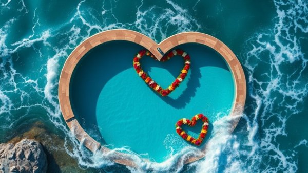 Heart-shaped floral display near an ocean pool.