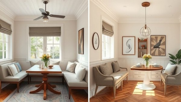 Charming breakfast nook decorating ideas in a split room image.