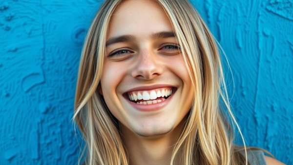Young man smiling with long hair, joyful expression