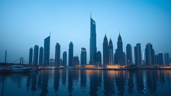 Come to Qatar: Stunning skyline view over calm waters at dusk.