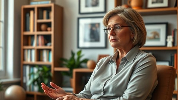 Middle-aged woman discusses Spanish Non-Lucrative Visa in home office.