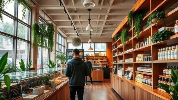 Biggest coffee shop in Qatar interior with products and greenery.