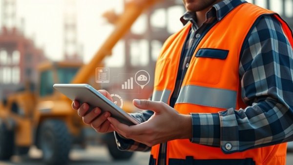 AI integration in construction: worker using tablet with software at site.