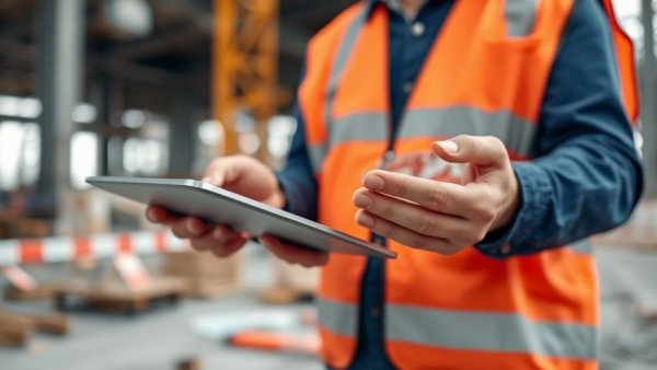 Construction worker using tablet with AI interface at job site in 2026.
