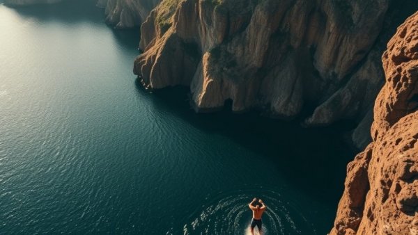 Two-second pause in leadership: cliff diver mid-air with motivational text.