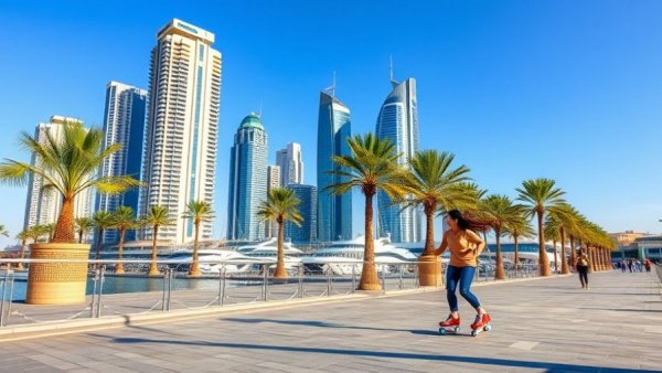 Sunny day rollerskating at Lusail Marina Promenade with skyscrapers.