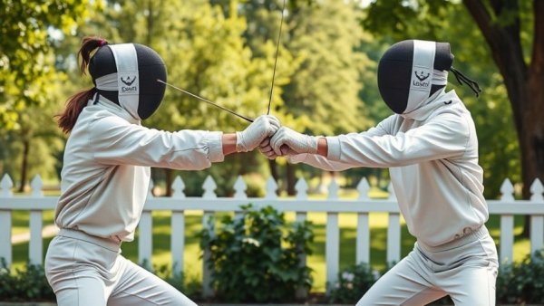 Fencing match on Qatar National Sport Day 2026 in a park setting.
