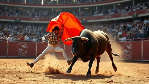 Matador controlling a bull with a cape, symbolizing leadership in uncertainty.