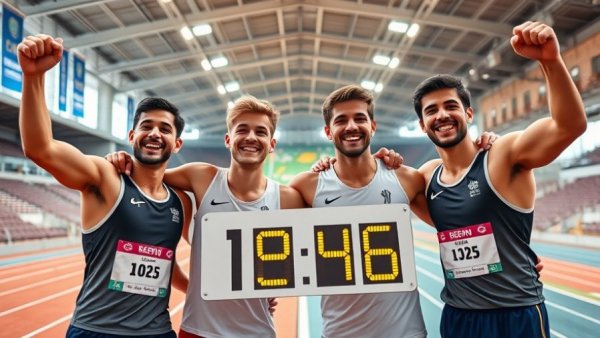 Athletes celebrate indoor relay world record with display, indoor track.