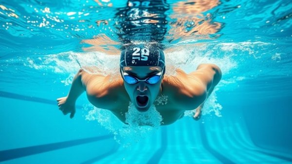 Freestyle swimmer practicing breathing technique underwater.