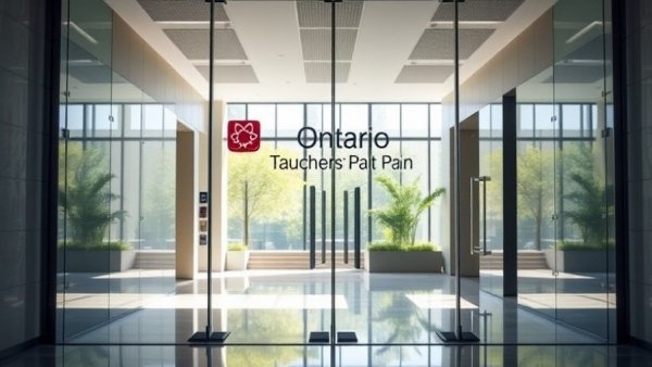 Ontario Teachers' Pension Plan logo on modern office glass panel.