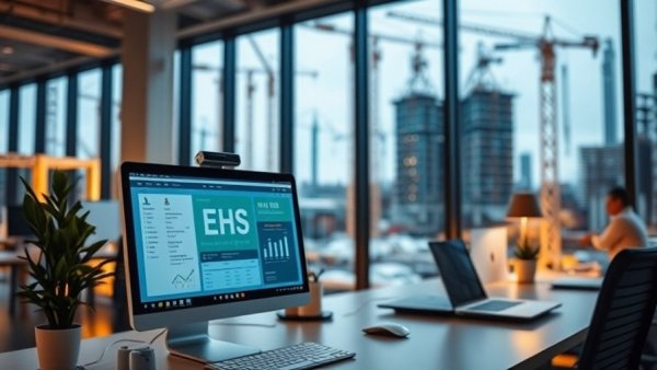 EHS software adoption strategies in a modern office with construction view.