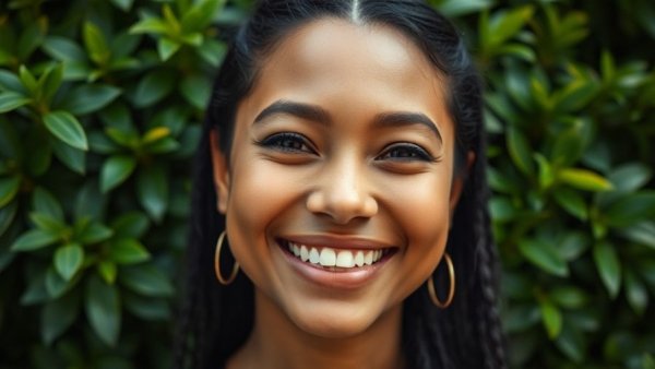 Smiling individual with green leafy background, nature-based carbon projects.