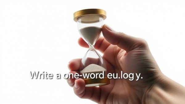 One-word eulogy concept with hourglass and text.
