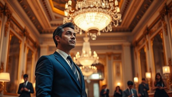Well-dressed man in elegant room with chandelier.