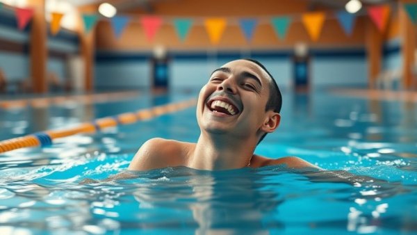 Energetic swimmer smiling in a pool during early season rankings.